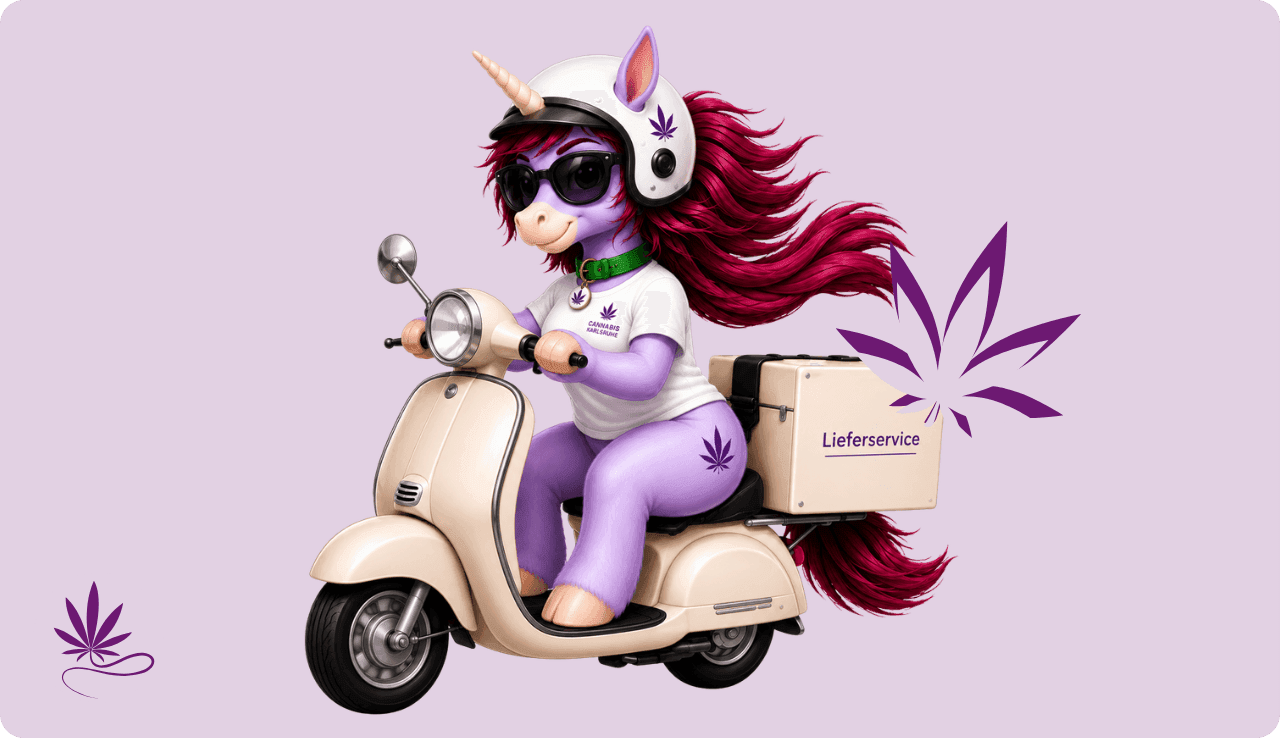 Lila Einhorn sitzt auf einem Roller und liefert etwas aus